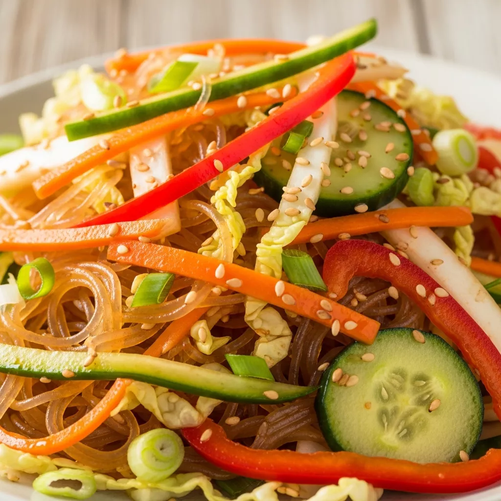 Macro shot of Zesty Korean Glass Noodle Cabbage Salad with crisp Napa cabbage, translucent glass noodles, colorful vegetables, and sesame seeds.