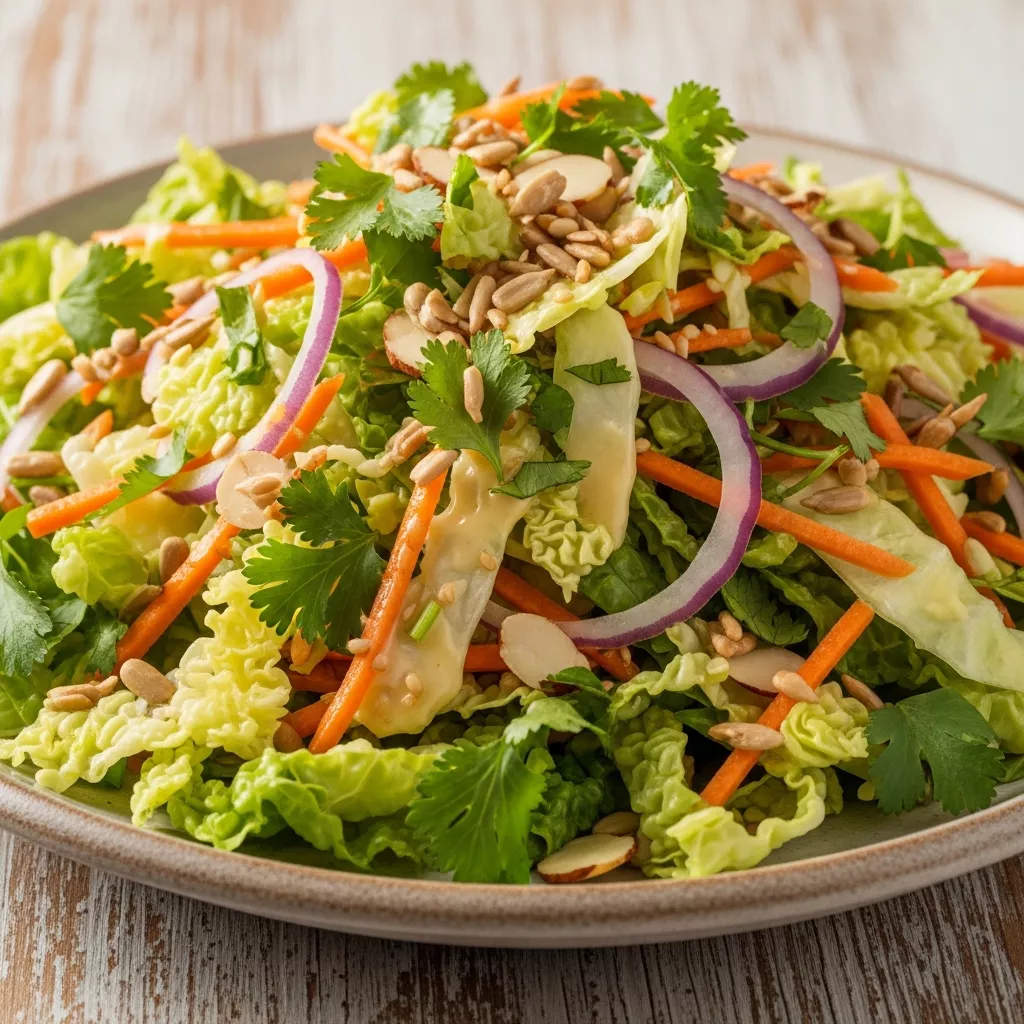 Macro close-up of a vibrant Crispy Zesty Green Cabbage Crunch Salad with creamy Lemon-Tahini Dressing, topped with sunflower seeds, on a rustic wood surface.