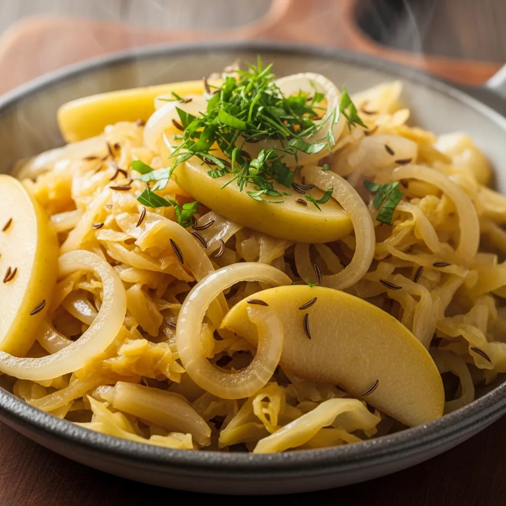 Macro close-up of Probiotic Powerhouse Golden Cabbage Sauté with caramelized apples, caraway seeds, and fresh dill