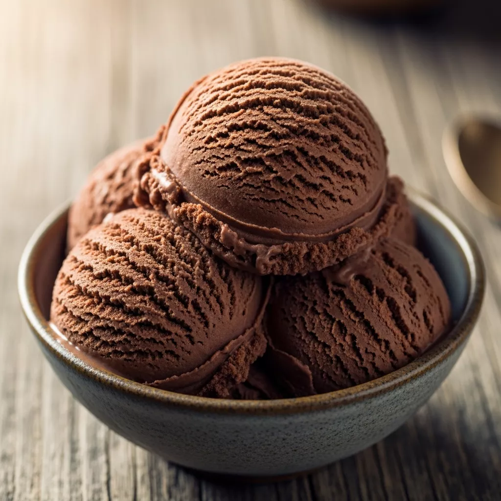 Macro close-up of creamy chocolate protein ice cream with a velvet swirl in a rustic bowl, showcasing its smooth texture.