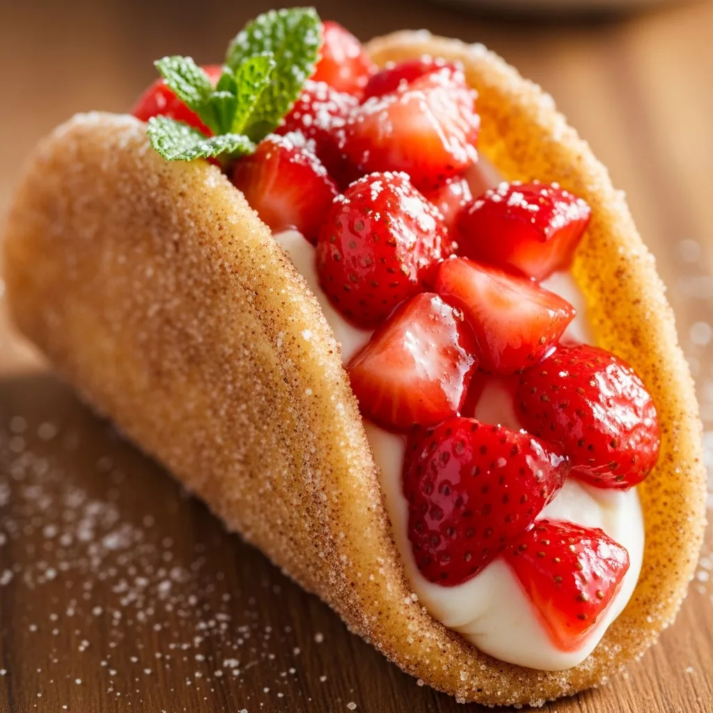 Crispy Sweet Strawberry Cheesecake Tacos with cinnamon-sugar shell and fresh strawberries on a rustic wooden surface