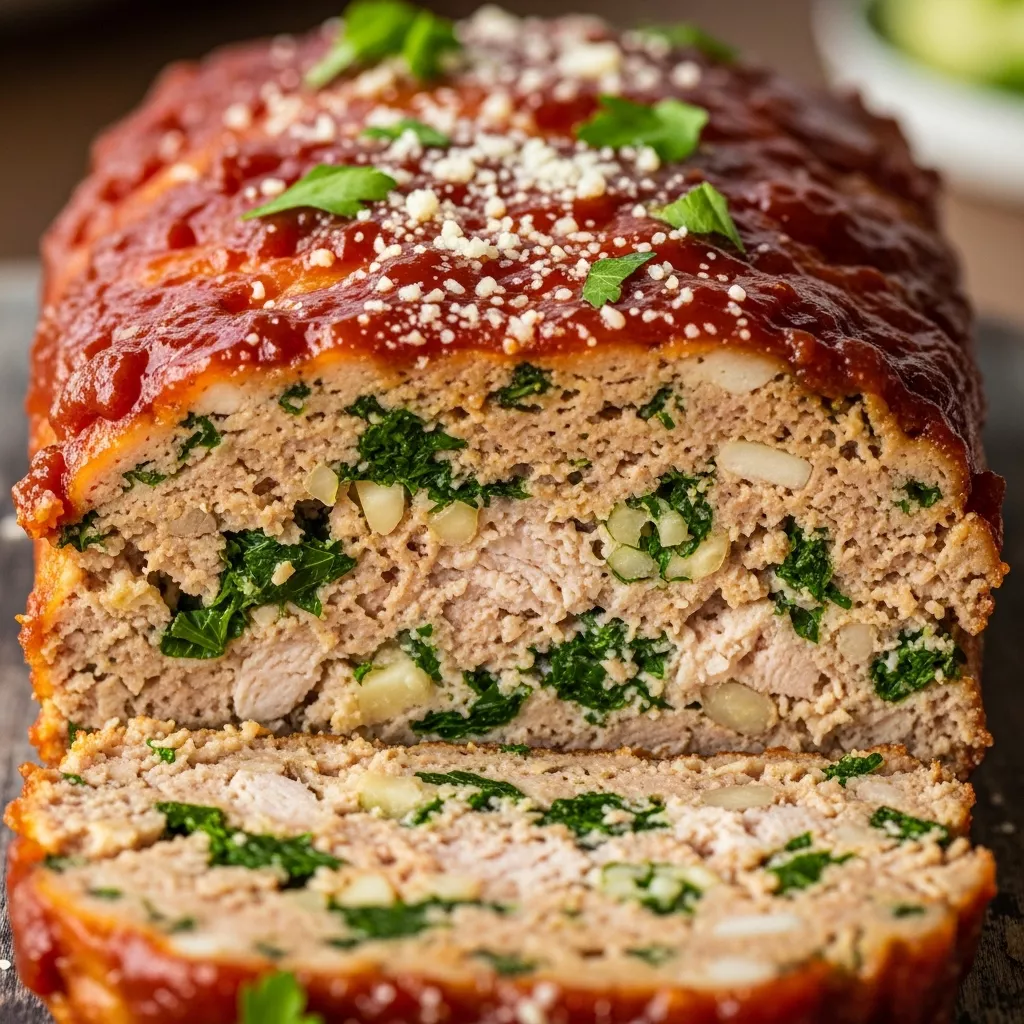 Close-up of a slice of juicy Garlic Parmesan Chicken Meatloaf with a glossy glaze and fresh parsley on a rustic wooden board.