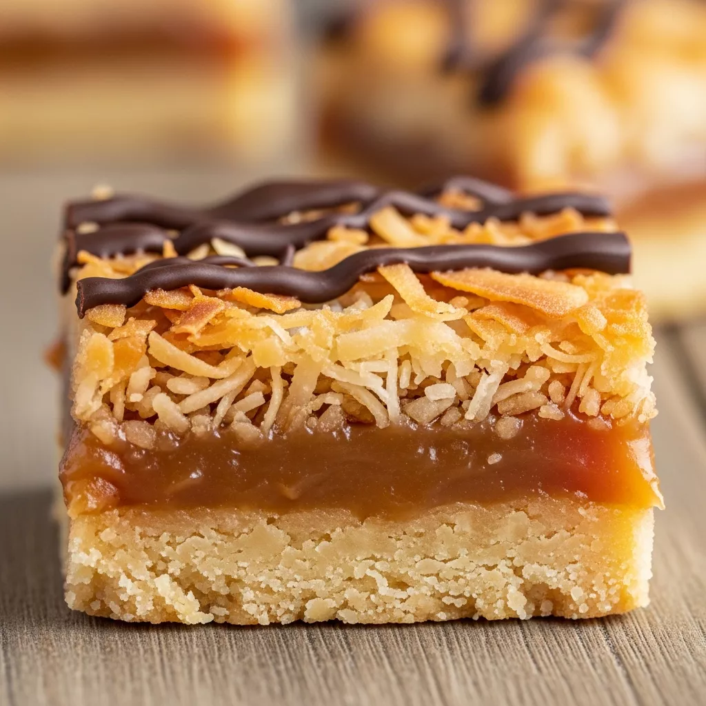 Macro close-up of Divine Toasted Coconut Caramel Dream Bar with chocolate drizzle on a rustic wooden surface.