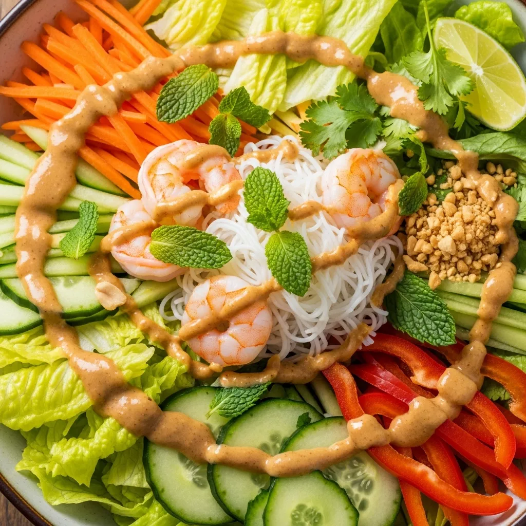 Deconstructed spring roll salad with shrimp, noodles, fresh vegetables, and creamy peanut dressing in a rustic bowl.