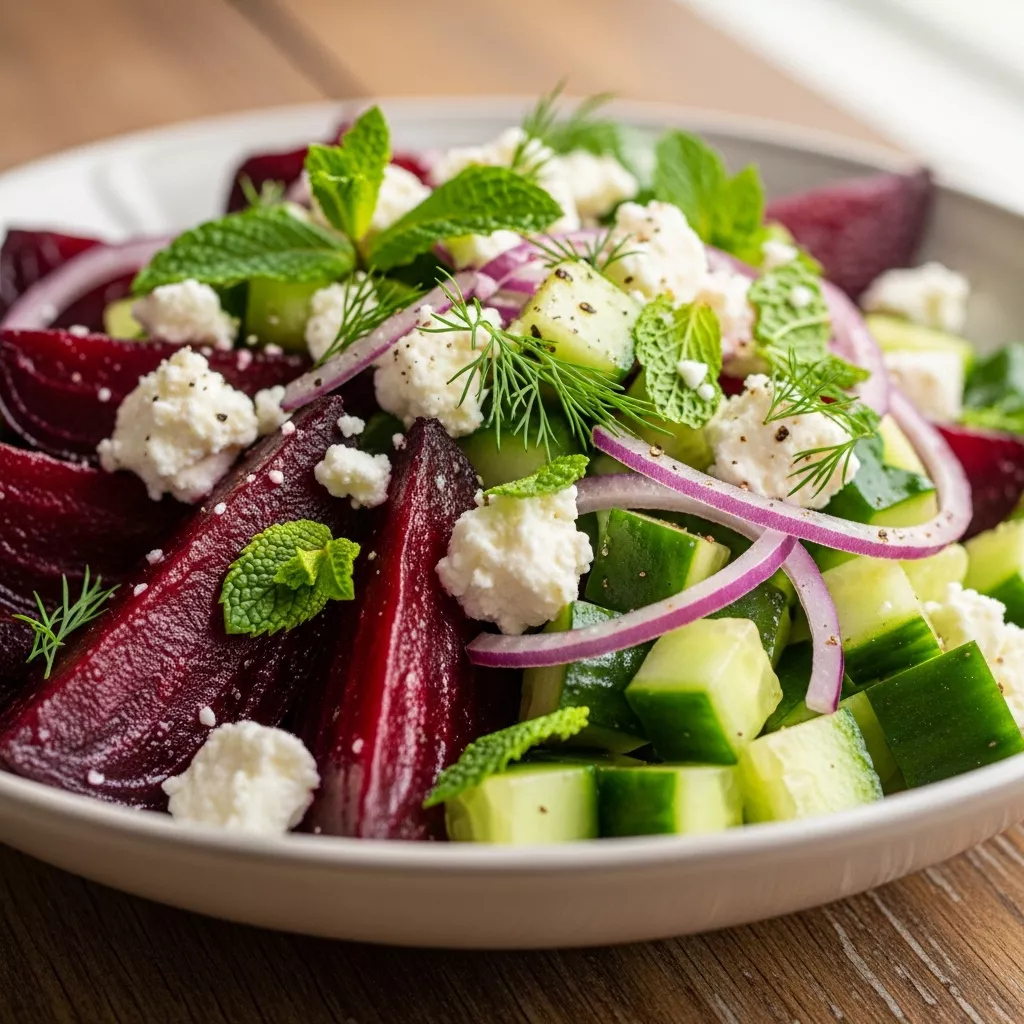 Macro close-up of vibrant Cozy Roasted Beet and Feta Salad with Cucumber Crunch, showcasing caramelized beets, white feta, green herbs, and crisp cucumber on a rustic wooden table.