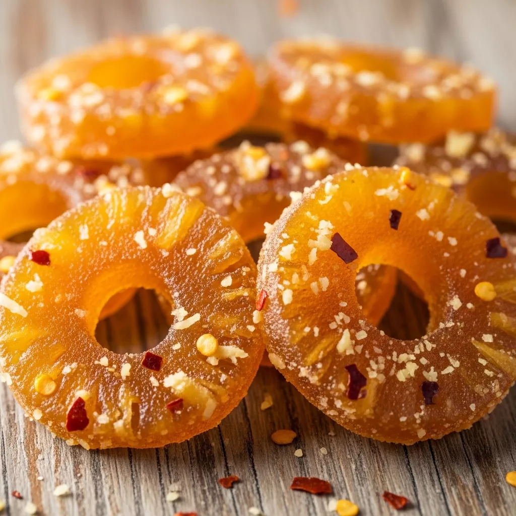 Macro close-up of glistening, jewel-toned Tropical Sweet Heat Pineapple Cowboy Candy rings on a rustic wooden board, showing chewy texture and spice flecks.