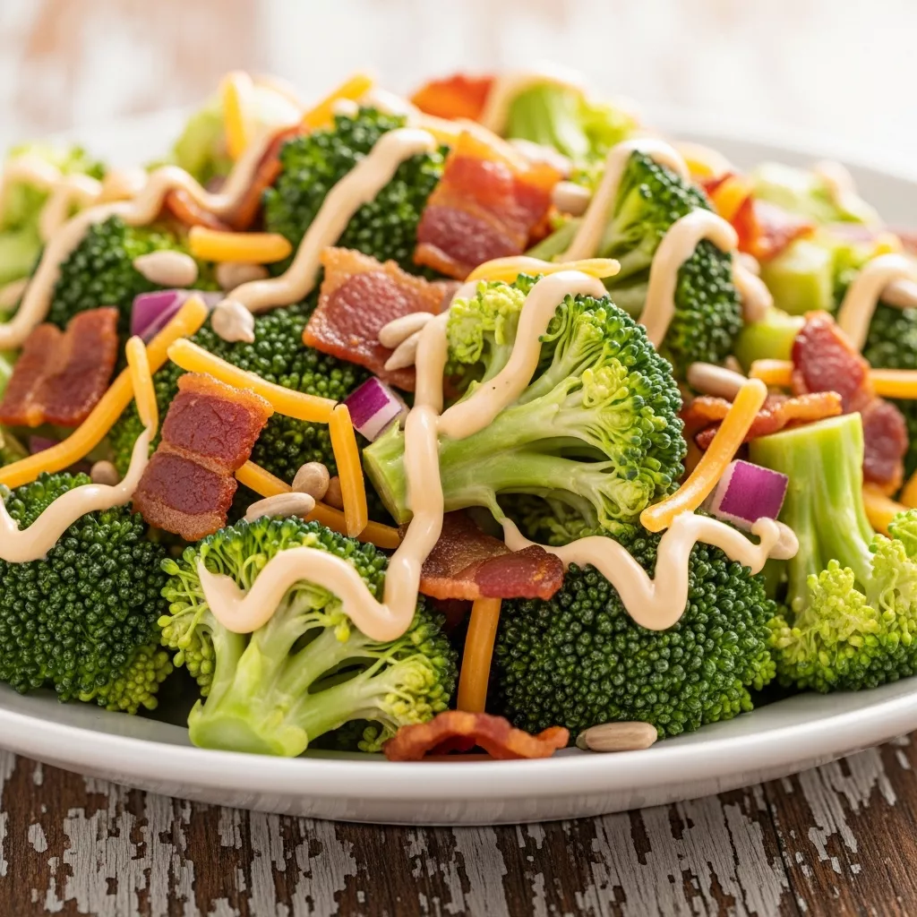 Macro close-up of a vibrant Keto Creamy Loaded Broccoli Salad on a rustic wooden table, showcasing chopped broccoli, crispy turkey bacon, sharp cheddar, and creamy dressing.