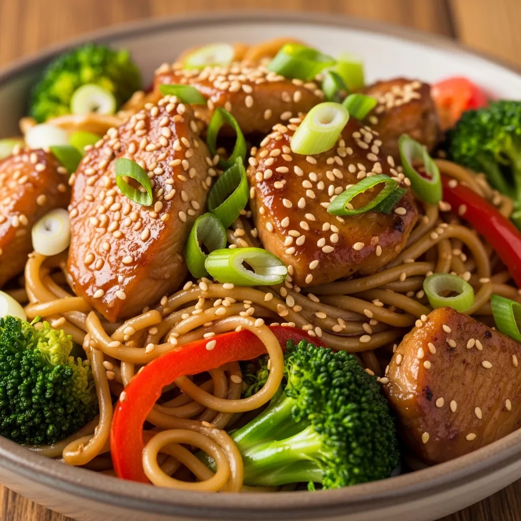Macro close-up of sticky garlic chicken noodles in a bowl, garnished with green onions and sesame seeds.