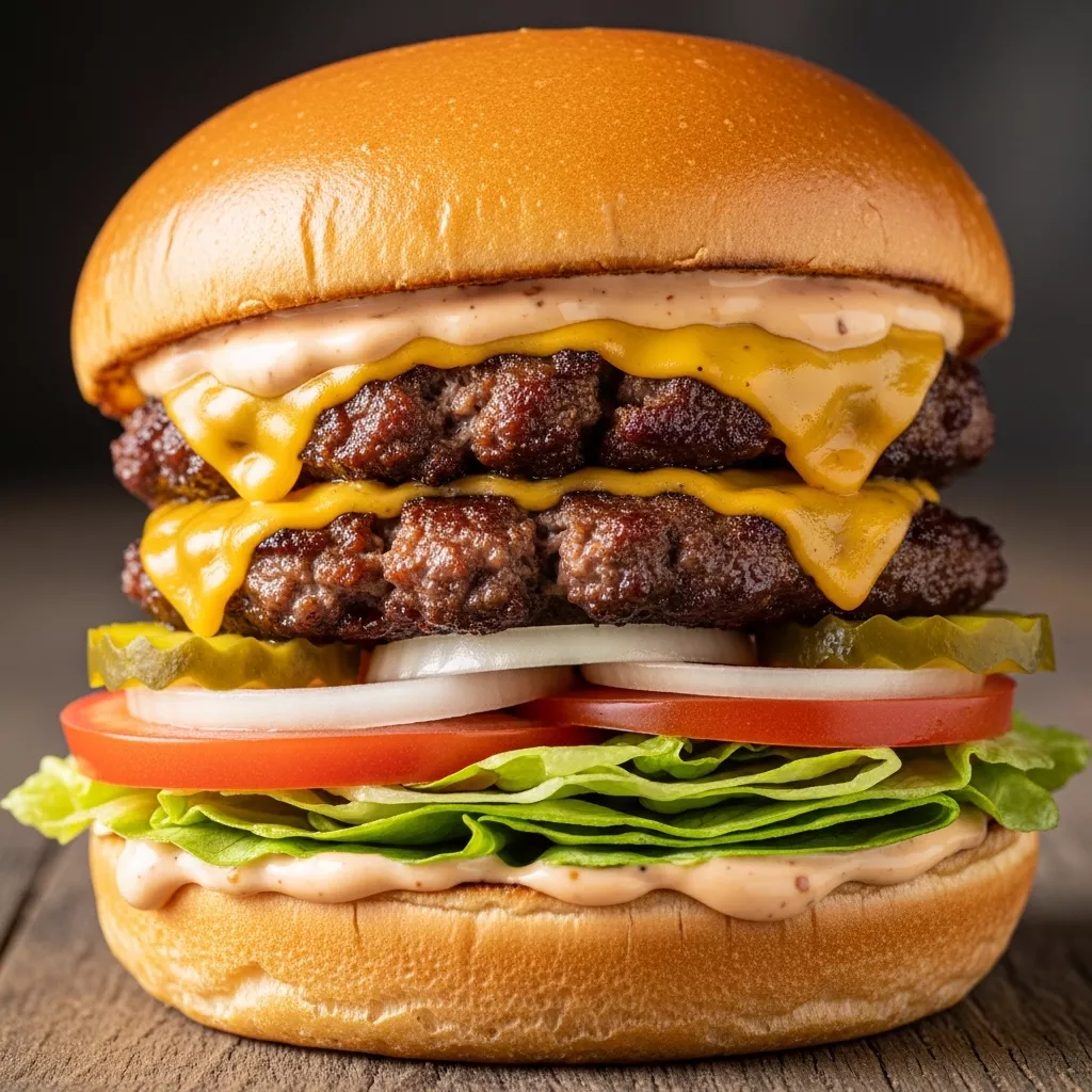 Macro close-up of a perfectly cooked homemade smash burger with crispy edges, melted cheddar cheese, fresh toppings, and creamy smoky umami mayo on a toasted brioche bun, ready to eat.
