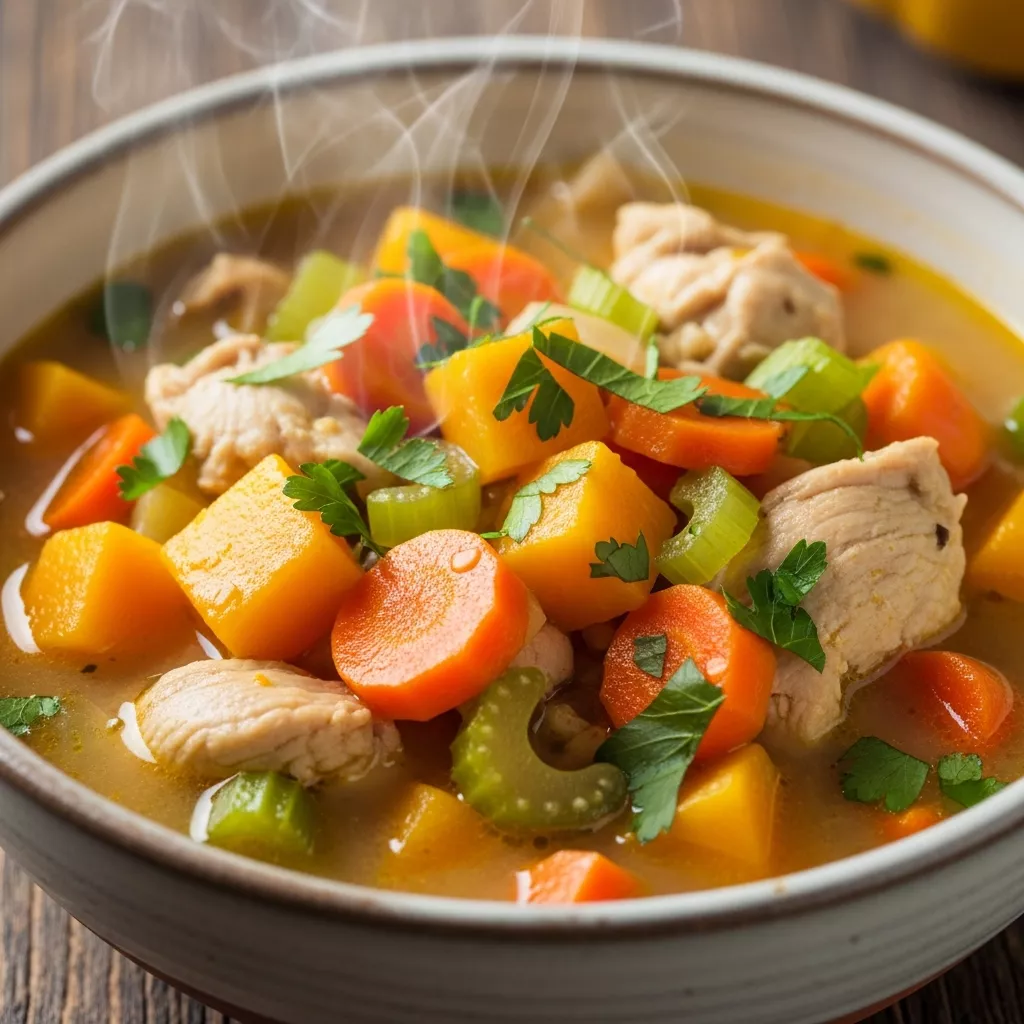 Macro close-up of Golden Harvest Chicken Butternut Squash Slow Cooker Delight soup, garnished with fresh parsley.