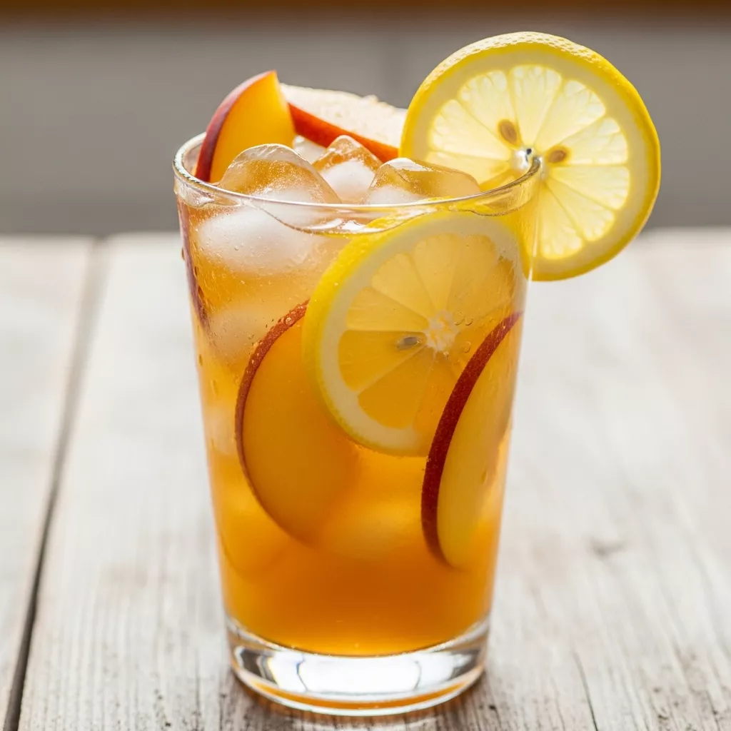 Close-up of a glass of vibrant Zesty Sweet Tart Peach Nectar Lemonade with ice, fresh peach slices, and lemon wheels, showing condensation on a rustic surface.
