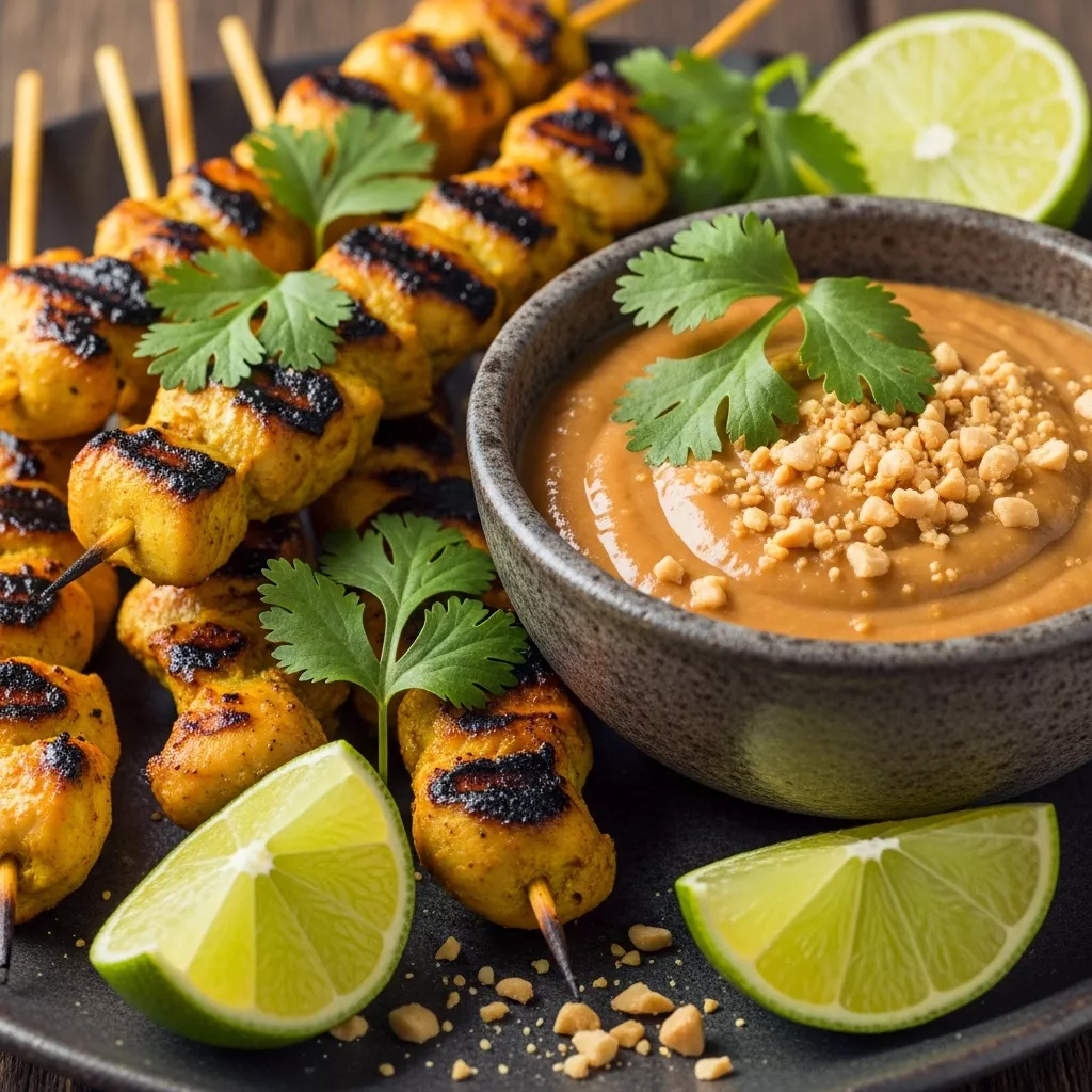 Authentic Indonesian Chicken Satay skewers with creamy peanut dipping sauce, garnished with cilantro and lime wedges.