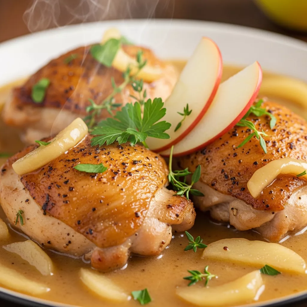 Macro close-up of Golden Orchard Chicken with creamy apple cider sauce, garnished with apples, parsley, and thyme on a rustic surface.