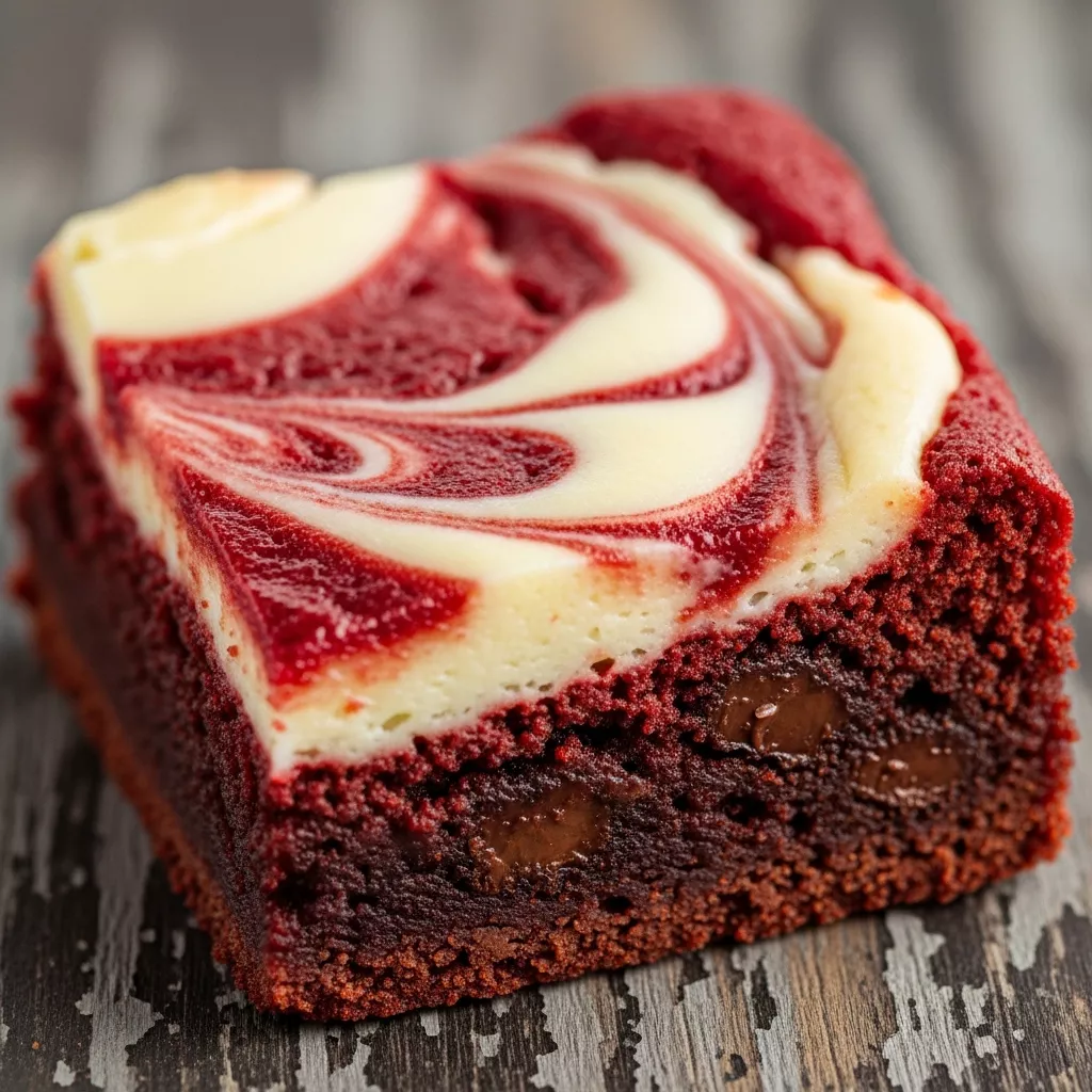 Macro close-up of a fudgy red velvet brownie with a creamy white cheesecake swirl on a rustic wooden surface.