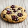 A close-up of a Divine Cherry Mocha Chip Cookie, showcasing its soft texture, melted chocolate, and plump dried cherries on a rustic wooden board.
