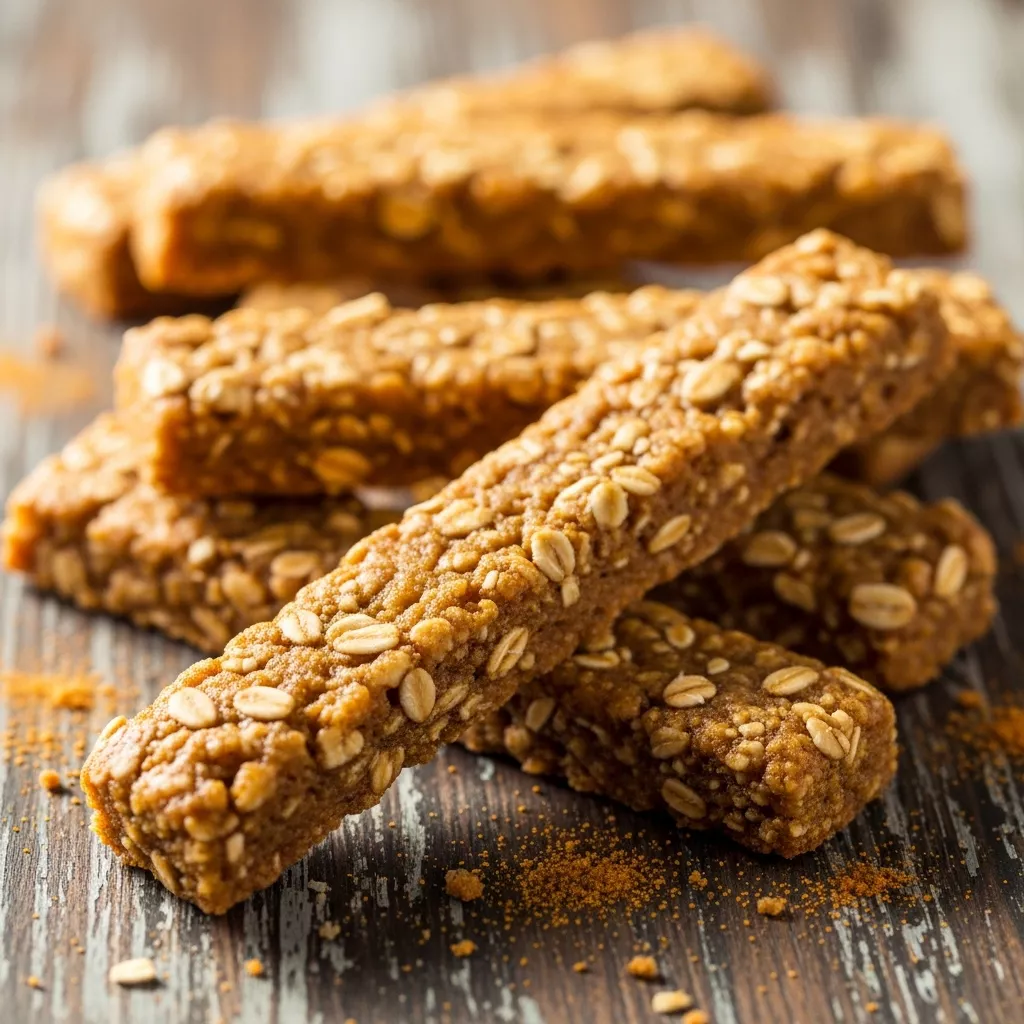 A close-up of Golden Harvest Pumpkin Oat Power Sticks on a rustic wooden board, showing their soft, chewy texture and warm, inviting color.