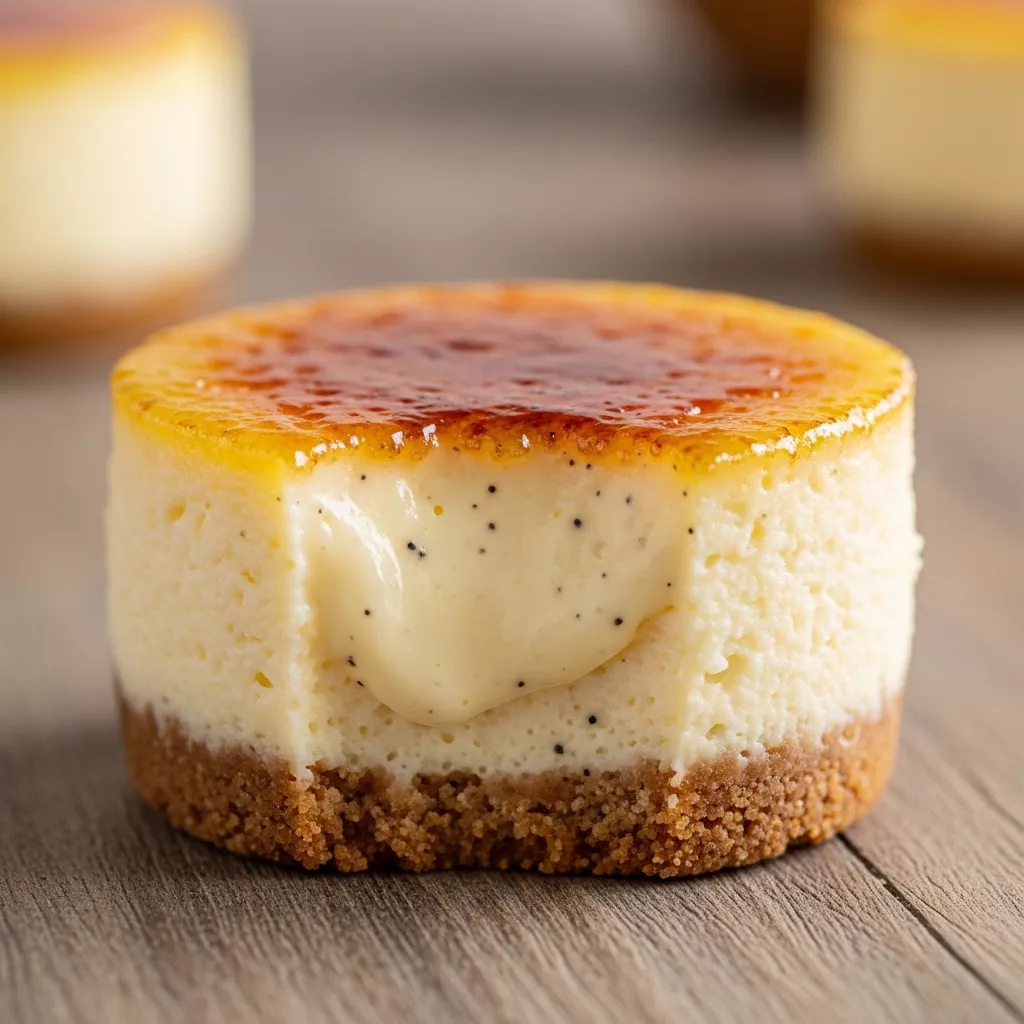 Macro close-up of a gourmet Vanilla Bean Crème Brûlée Cheesecake Cupcake with a perfectly caramelized top