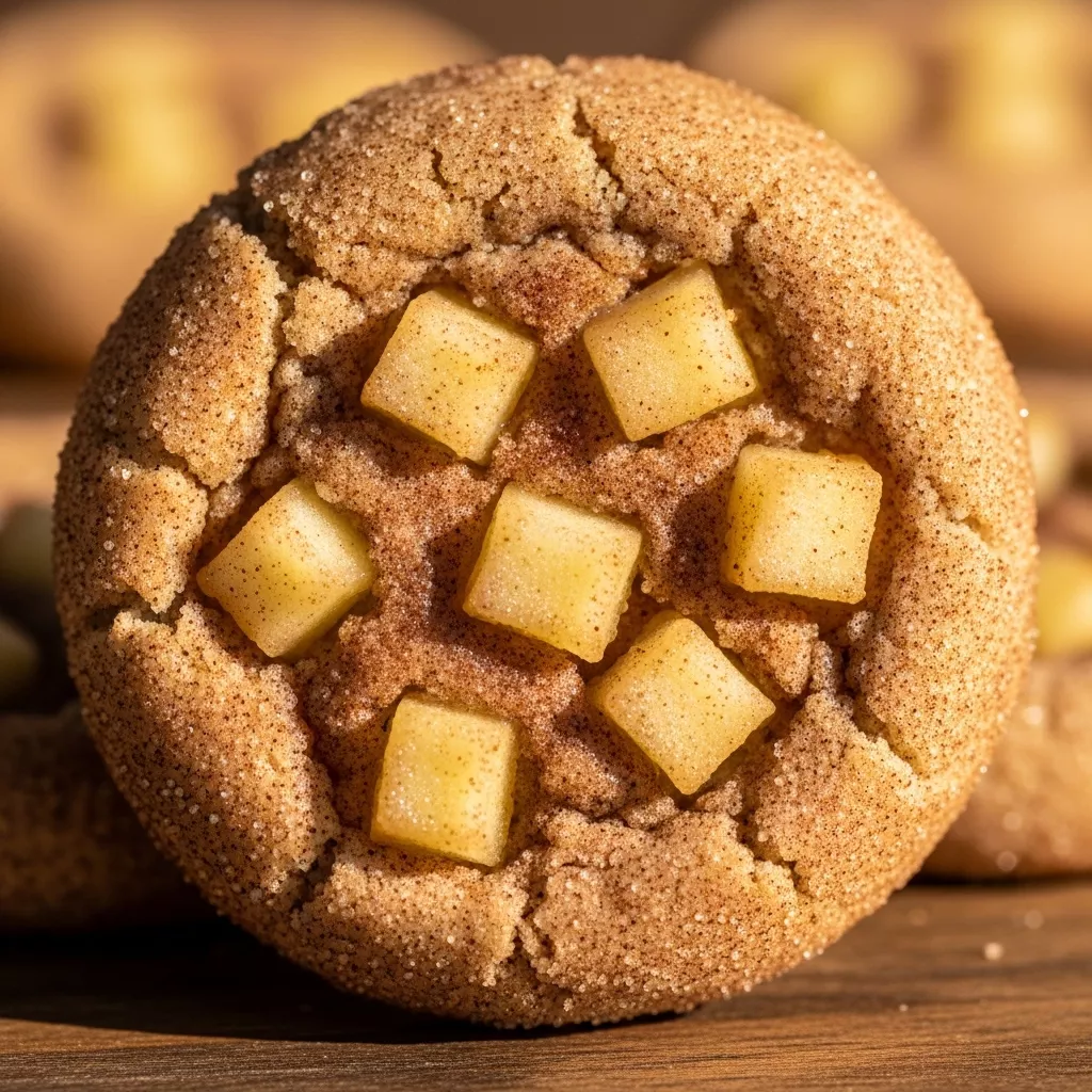 Macro close-up of a Golden Apple Spiced Snickerdoodle cookie revealing a crisp cinnamon-sugar coating and soft, apple-studded interior.