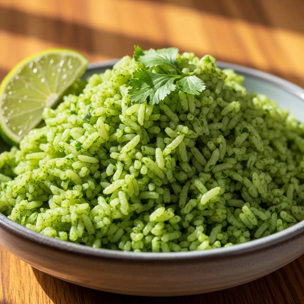 Macro close-up of vibrant Emerald Garden Mexican Green Rice with a lime wedge and cilantro garnish