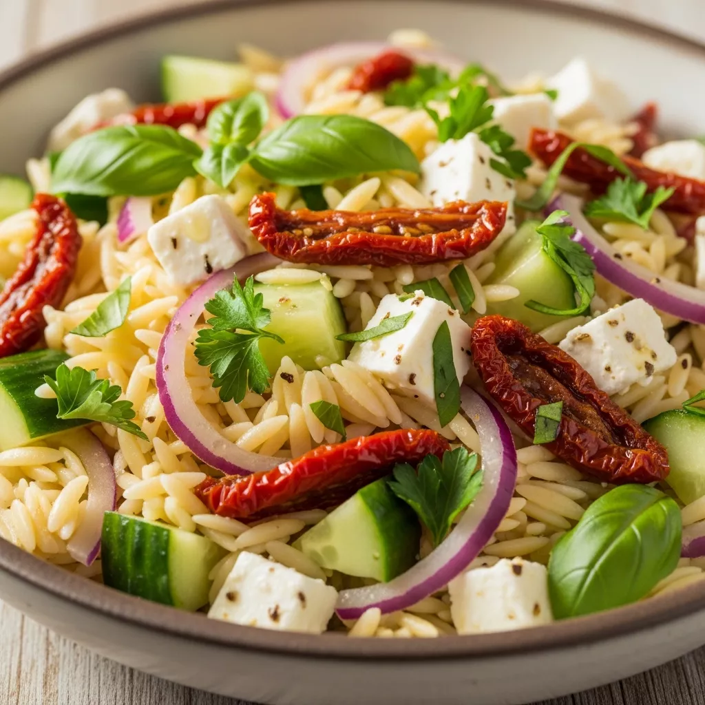 Macro close-up of vibrant Mediterranean Orzo Feta Sun-Dried Tomato Salad in a rustic bowl, showcasing tender pasta, red tomatoes, white feta, green herbs, and cucumber.