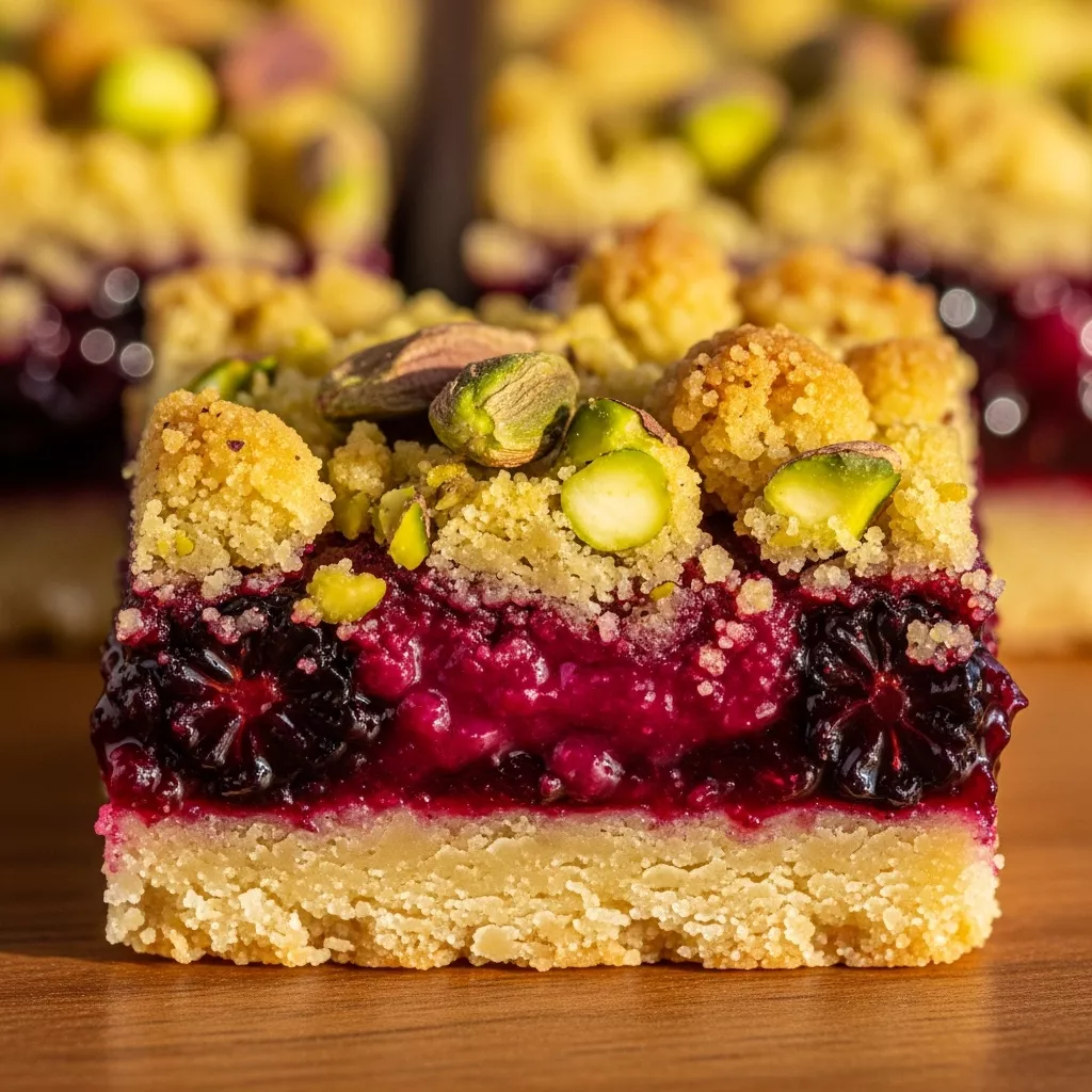 Macro close-up of a perfectly cut Luscious Blackberry Pistachio Dream Bar, showcasing its layered textures: golden pistachio crumble, vibrant purple blackberry filling, and buttery shortbread crust.