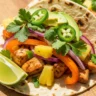 Macro close-up of a vibrant Healthy Pineapple Chicken Taco, bursting with chicken, caramelized pineapple, cilantro, lime, and avocado, on a rustic wooden surface.