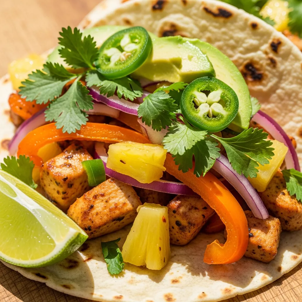 Macro close-up of a vibrant Healthy Pineapple Chicken Taco, bursting with chicken, caramelized pineapple, cilantro, lime, and avocado, on a rustic wooden surface.