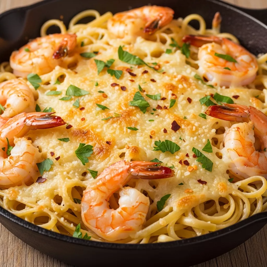 Close-up of a golden, bubbly Cheesy Garlic Shrimp Scampi Pasta Bake in a cast iron skillet, garnished with fresh parsley