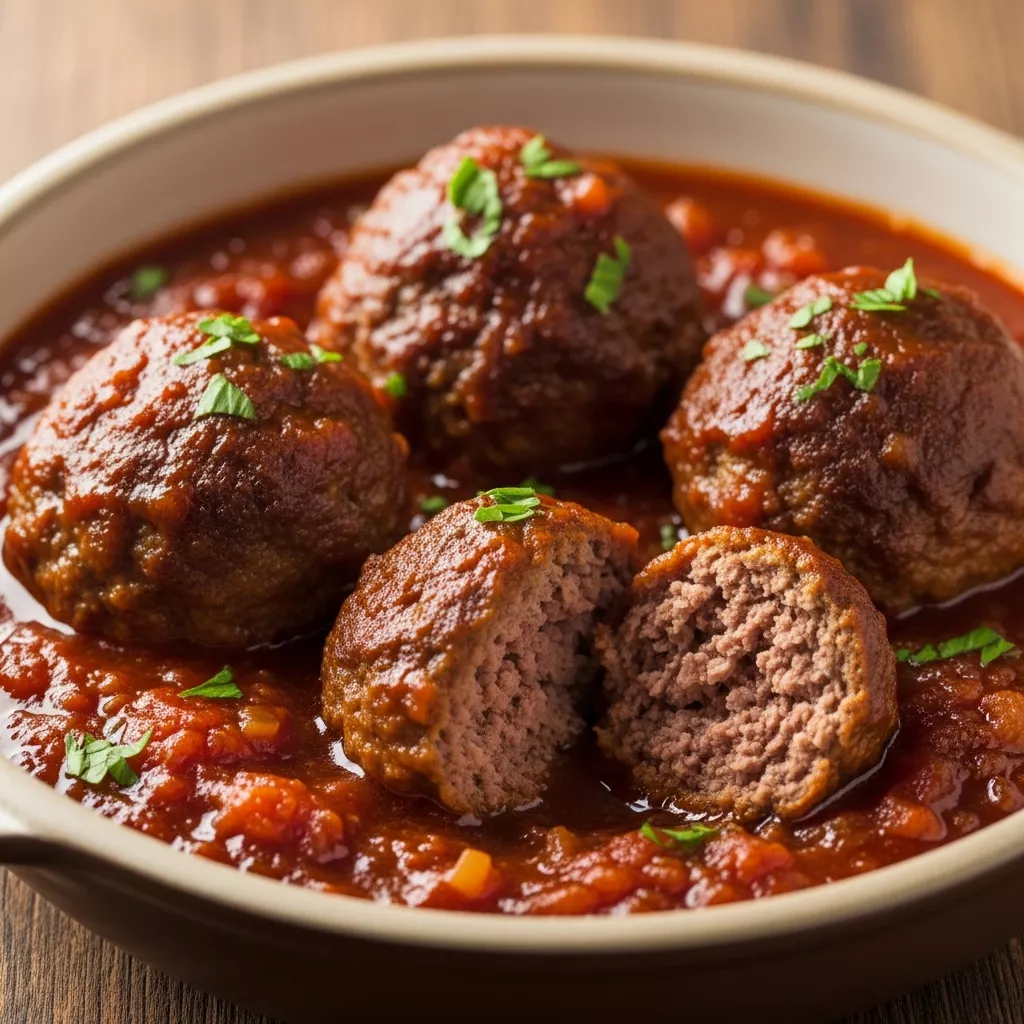 Macro close-up of tender braised beef meatballs in rich umami tomato sauce, garnished with fresh parsley.
