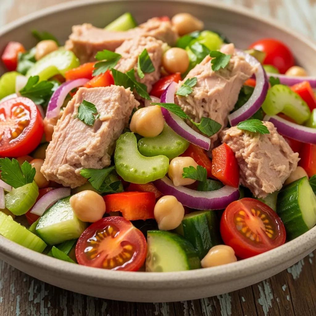 Close-up of vibrant Mediterranean Tuna & Garbanzo Power Salad in a rustic bowl, bursting with fresh vegetables and lemon-herb dressing.