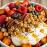 A close-up macro shot of a vibrant Golden Glow Sweet Potato Power Bowl, featuring warm spiced sweet potatoes, creamy Greek yogurt, crunchy granola, fresh berries, chopped pecans, and a drizzle of maple syrup, all in a rustic bowl.