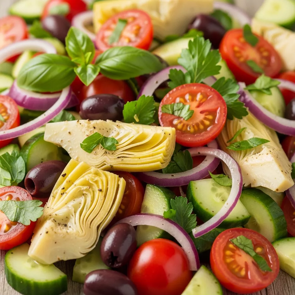 Macro close-up of Zesty Mediterranean Artichoke Tomato Salad with vibrant artichoke hearts, cherry tomatoes, olives, cucumber, and herbs.