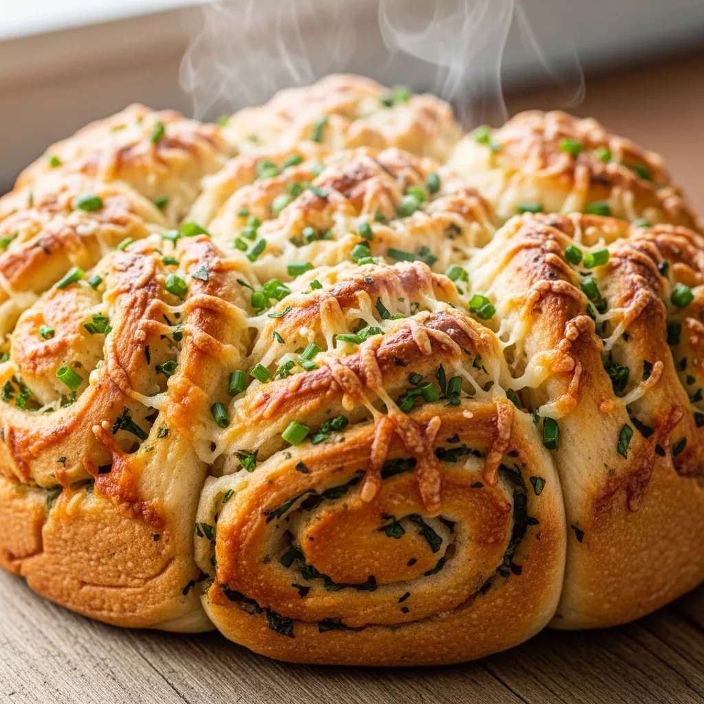 Close-up of golden-brown cheesy garlic herb swirl bread with melted cheese and fresh herbs