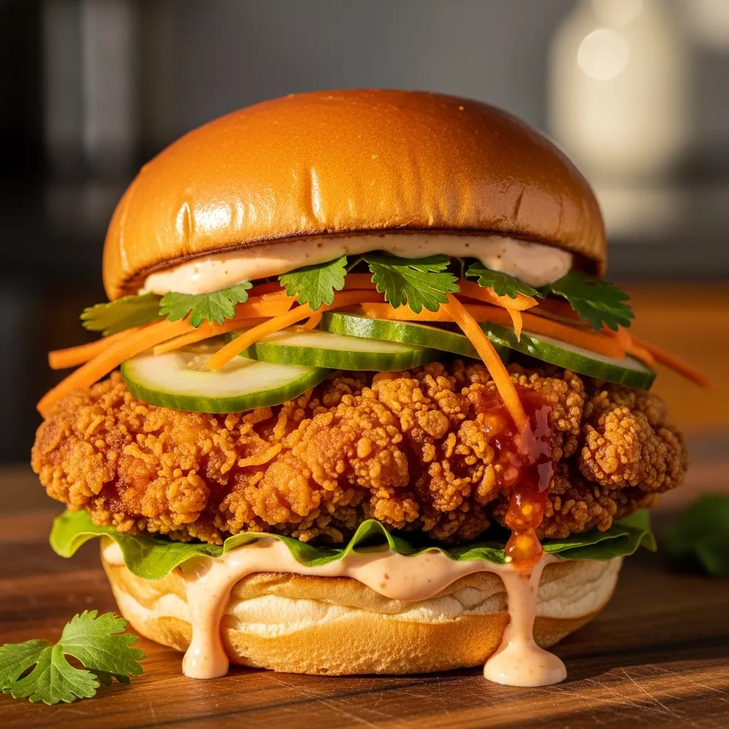 Zesty Crispy Thai Fried Chicken Sandwich with tangy pickles and sweet chili mayo