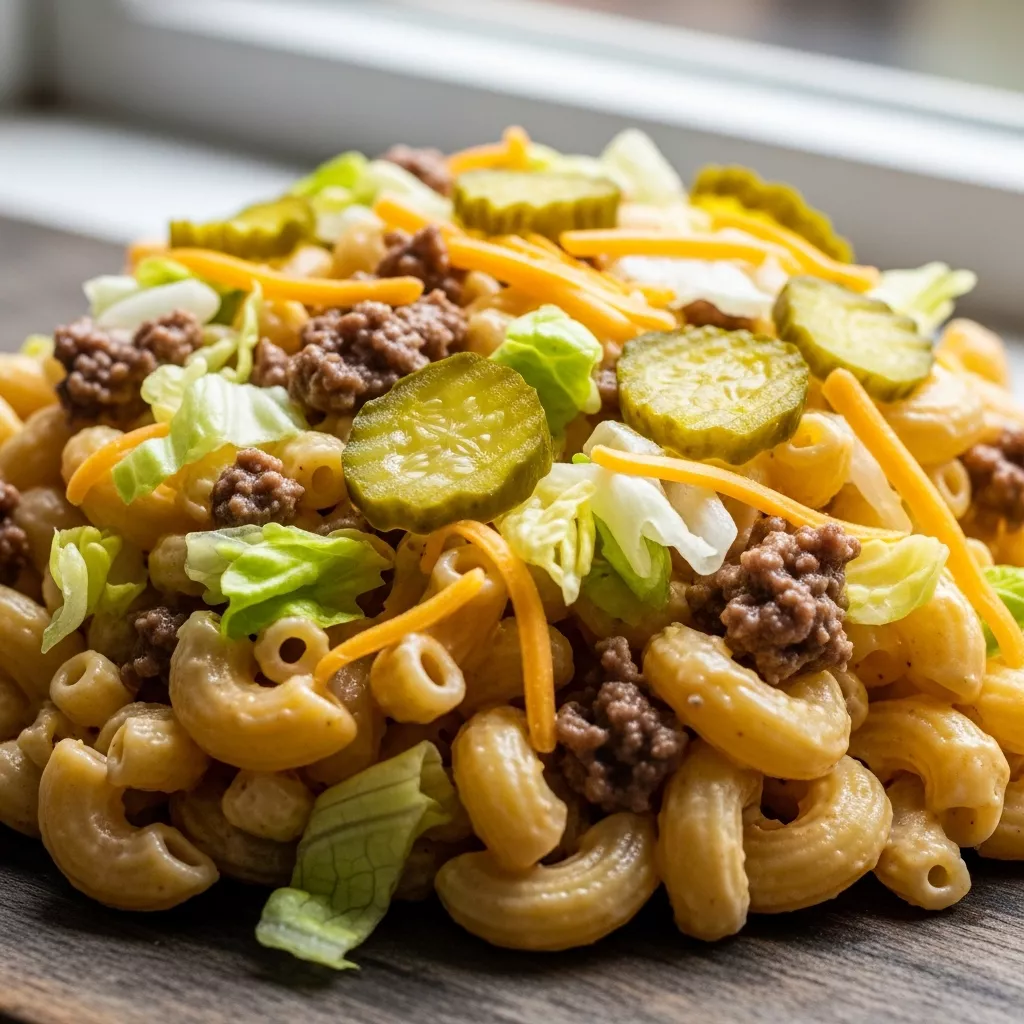 Macro close-up of Big Mac Inspired Pasta Salad with beef, lettuce, pickles, cheese, and special sauce