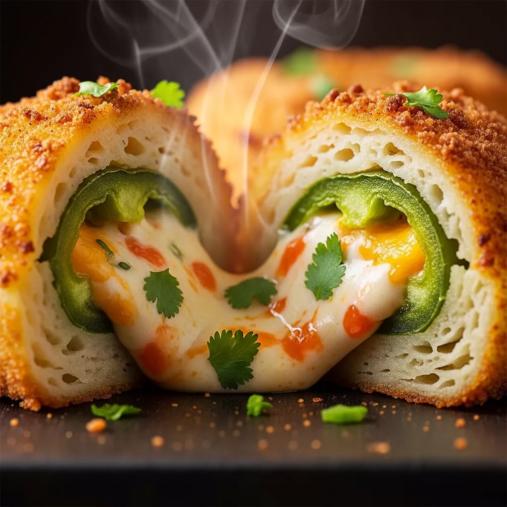 Macro close-up of a golden, crispy baked jalapeño popper stuffed onion ring cut in half, revealing the creamy, spicy cheese filling and tender onion.