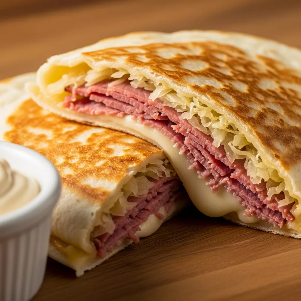 Crispy Golden Reuben Quesadilla cut in half with Thousand Island dressing for dipping.