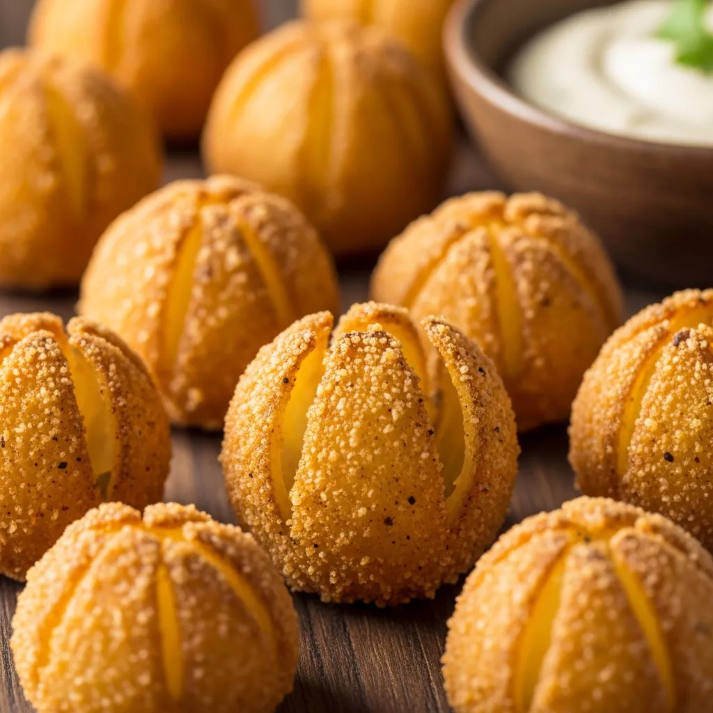 Macro close-up of golden crispy onion petals with dipping sauce