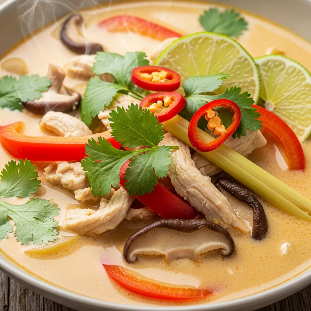 Macro close-up of vibrant Zesty Thai Coconut Chicken Soup in a rustic bowl, garnished with fresh cilantro, red chilies, and lime on a wooden table.