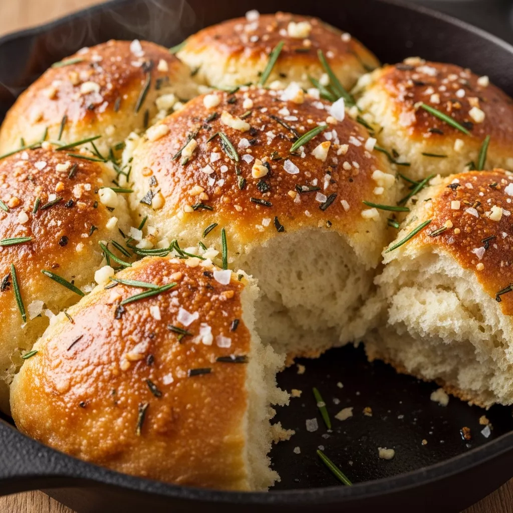 Macro close-up of Golden Crust Skillet Garlic Rosemary Bread in a cast iron skillet, showing crispy golden crust and soft interior.