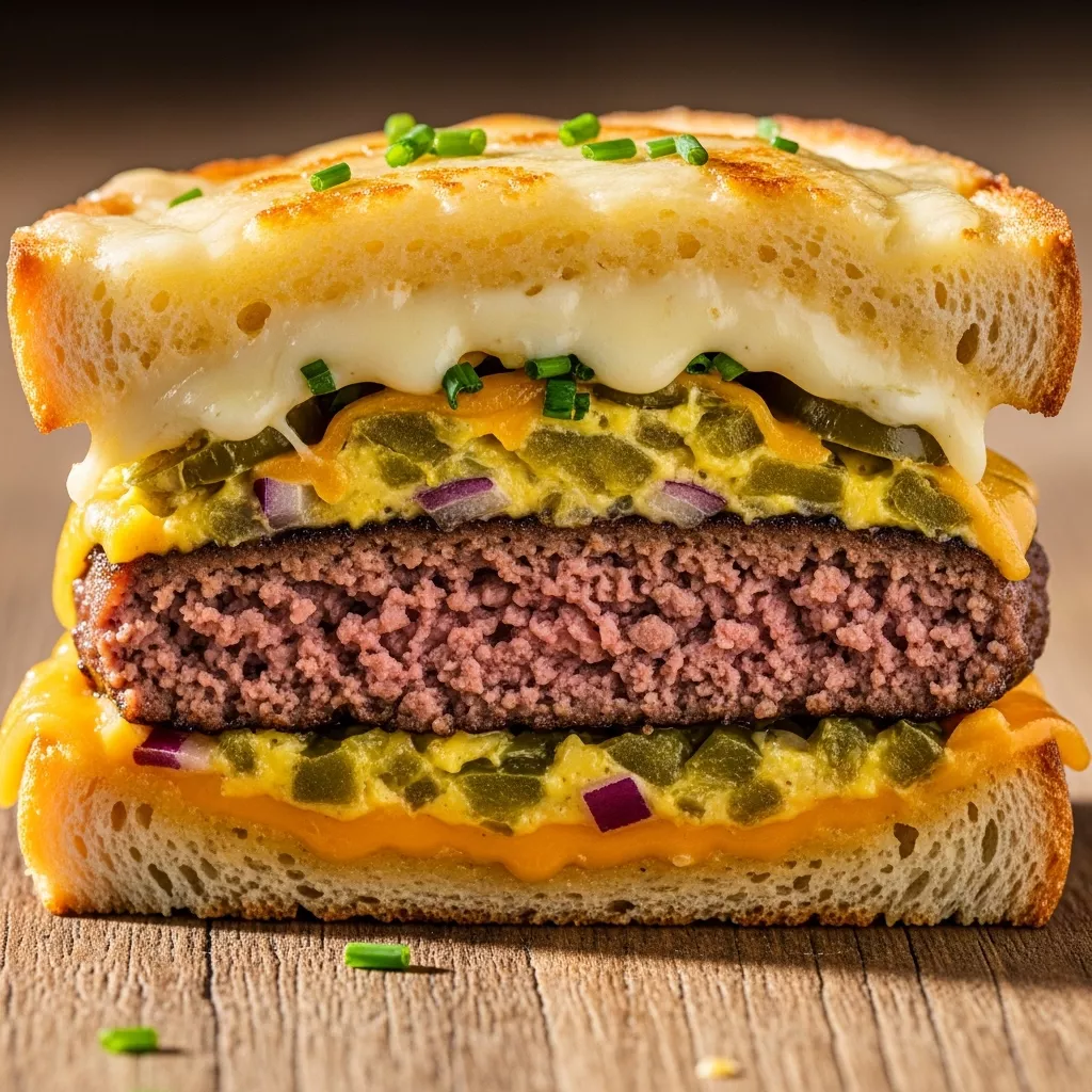 Macro close-up of a sliced Ultimate Spicy Jalapeño Popper Patty Melt showing gooey cheese, juicy beef, and creamy jalapeño filling on toasted sourdough bread.