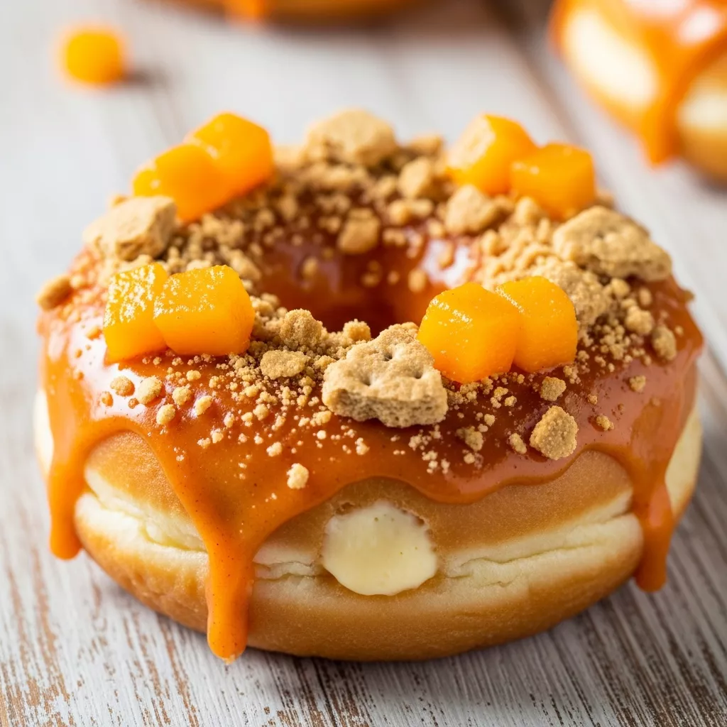 Macro close-up of a baked peach cobbler cheesecake donut with spiced peach glaze, graham crackers, and fresh peaches on a rustic wooden board.