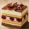 Luxurious Non-Alcoholic Cherry Amaretto Tiramisu slice with distinct layers, cocoa dust, and chocolate shavings on a rustic wooden table.