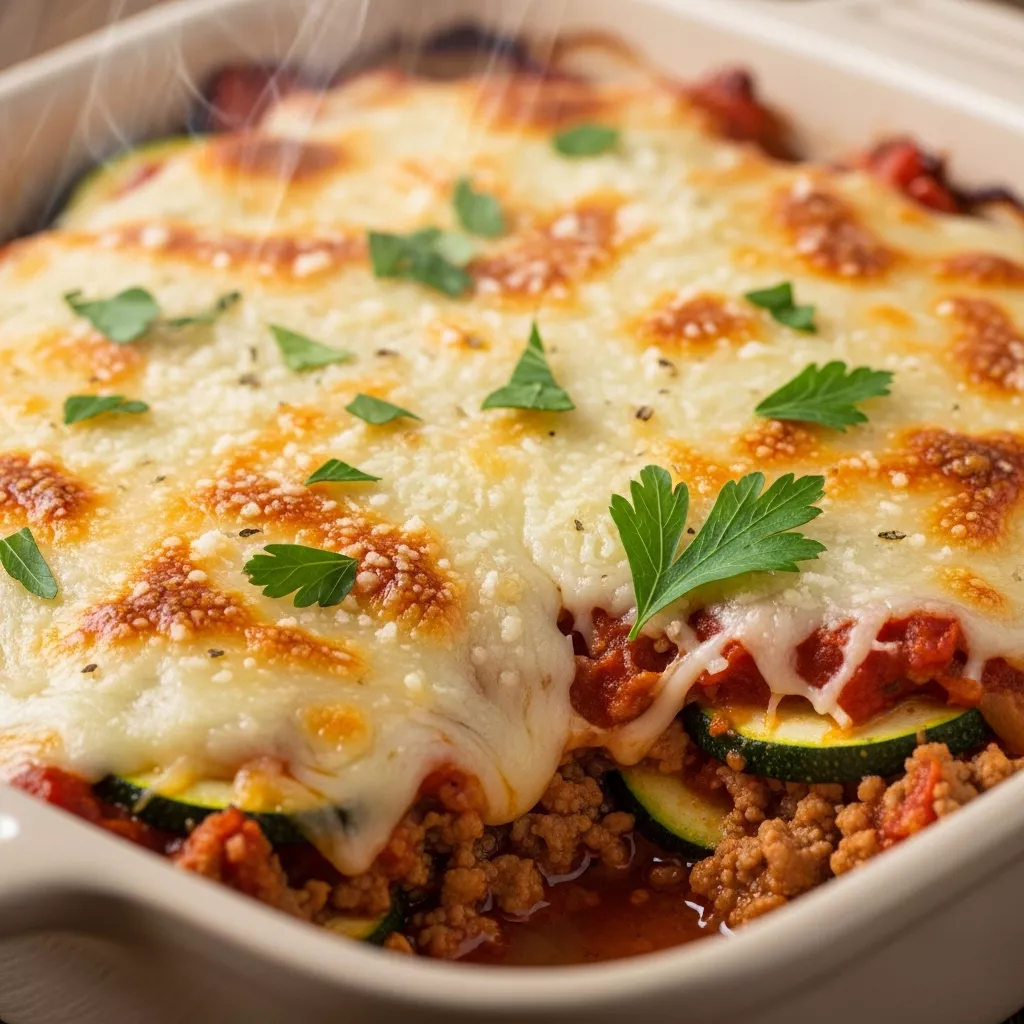 Macro close-up of Wholesome Turkey Zucchini Bake with melted cheese, savory turkey, fresh zucchini, and parsley garnish.