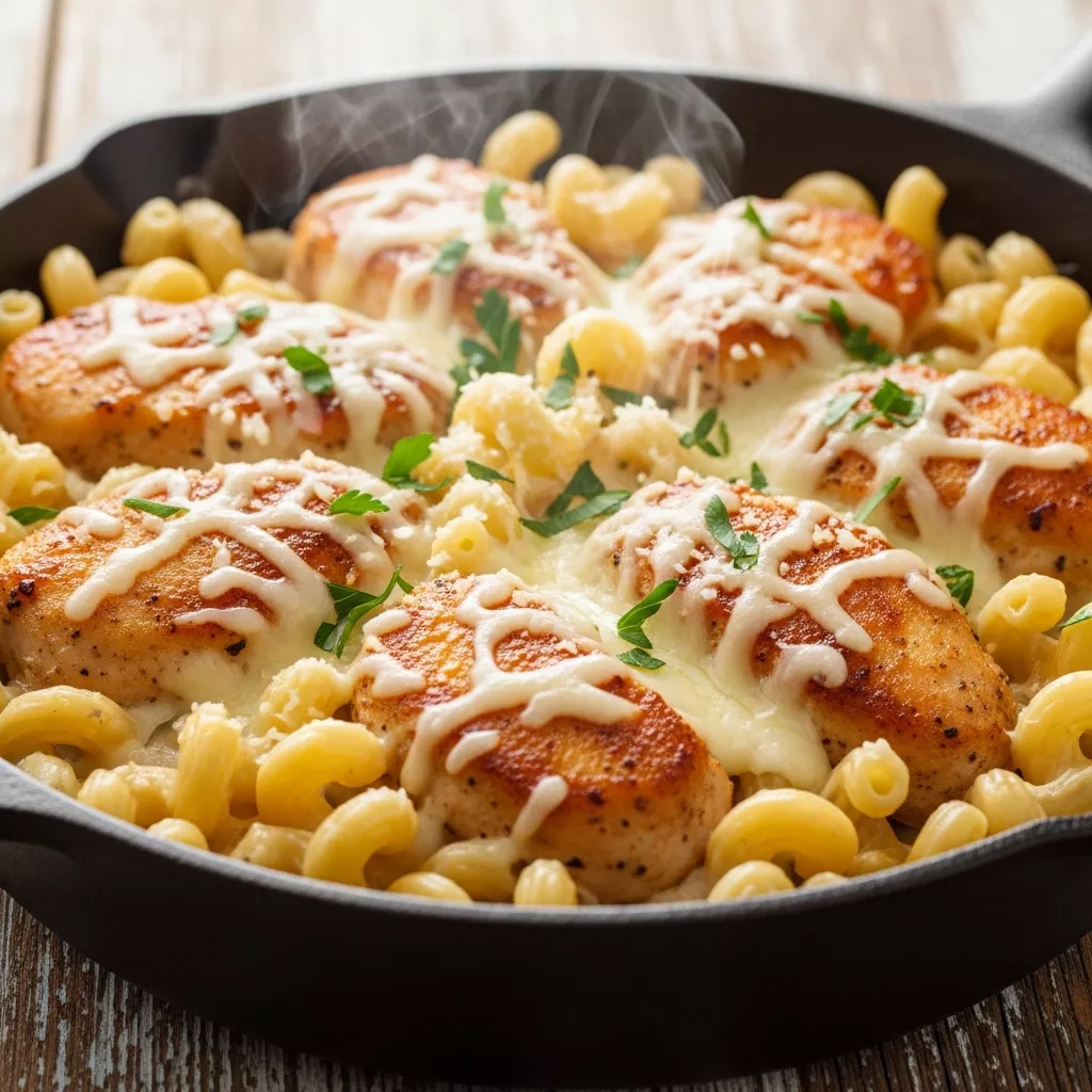 Macro close-up of Creamy Dreamy Garlic Parmesan Chicken & Twisted Pasta Bake with melted cheese and fresh parsley.
