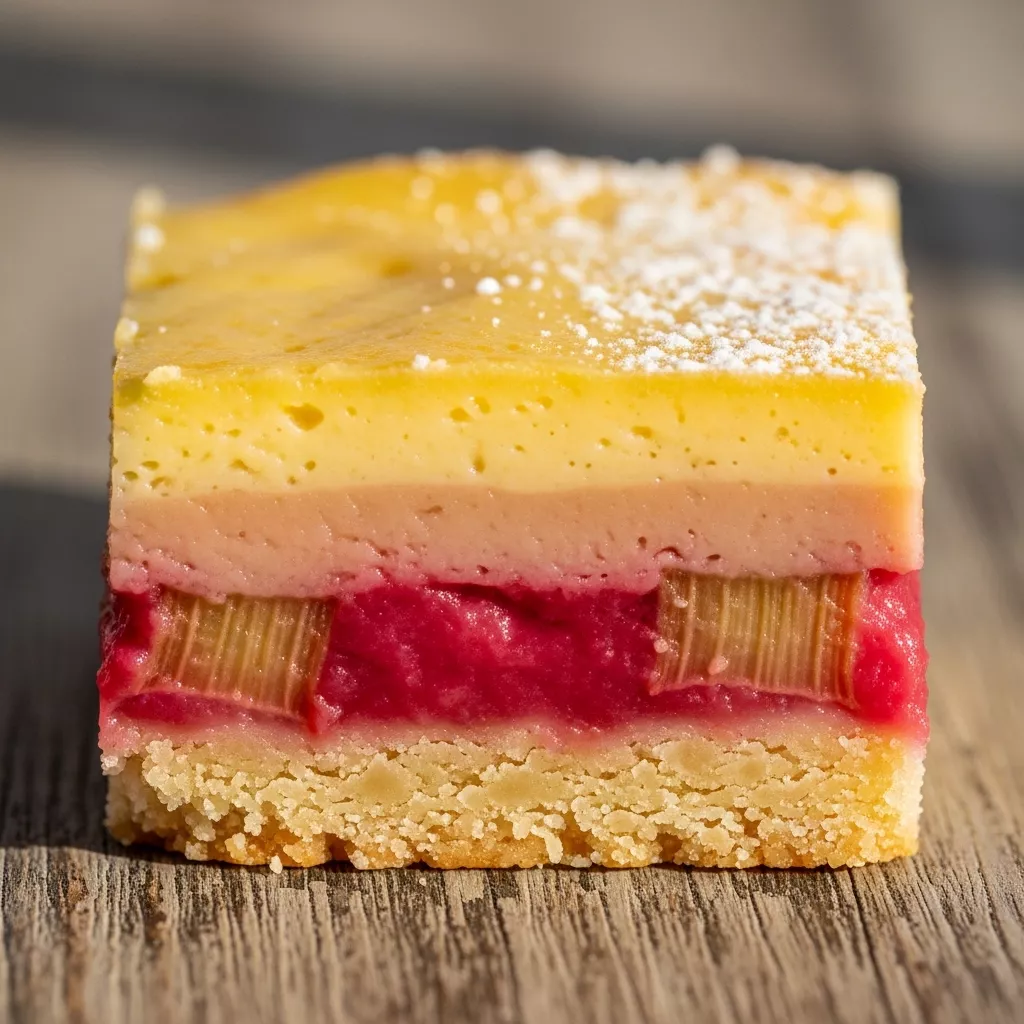 Macro close-up of a Golden Sunset Rhubarb Custard Dream Bar slice with distinct layers and powdered sugar.