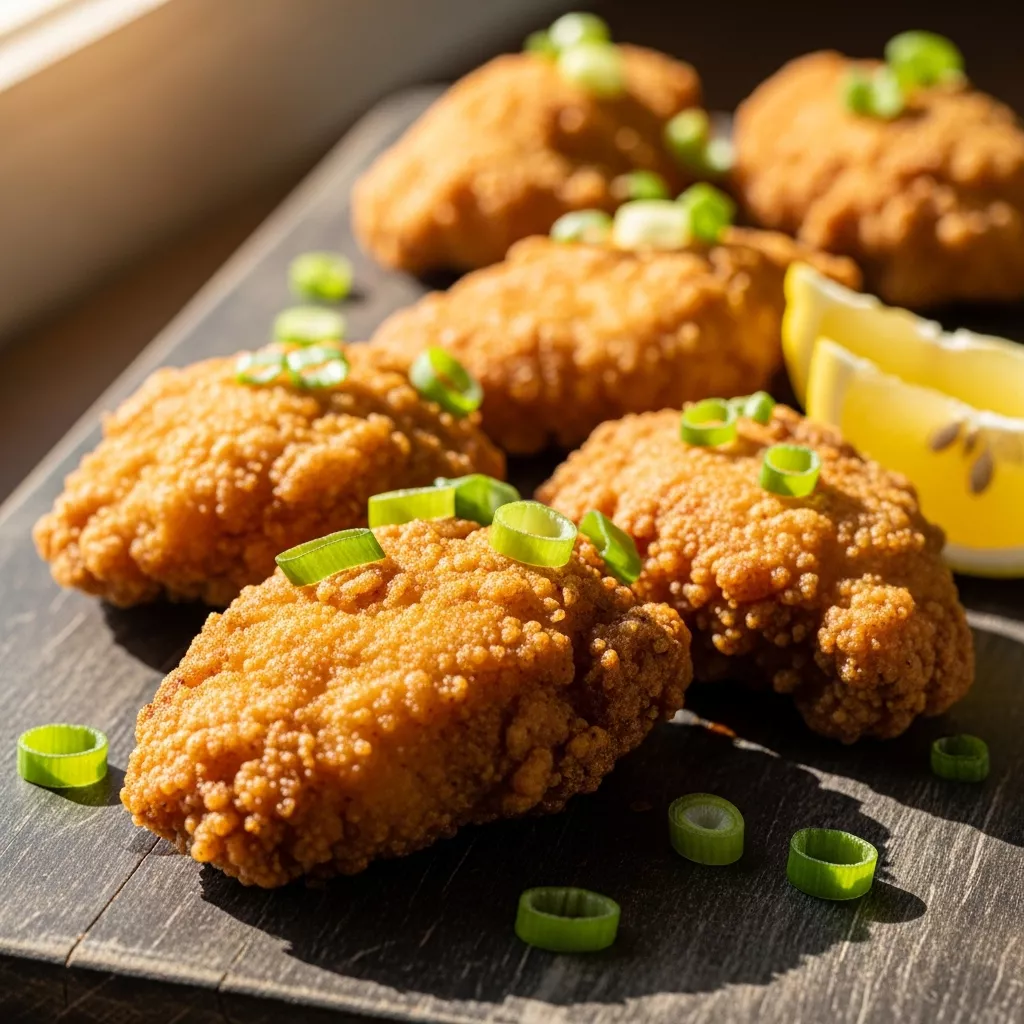 Macro close-up of golden-brown Aloha Crispy Mochiko Chicken garnished with green onions and lemon, showcasing its crispy texture.