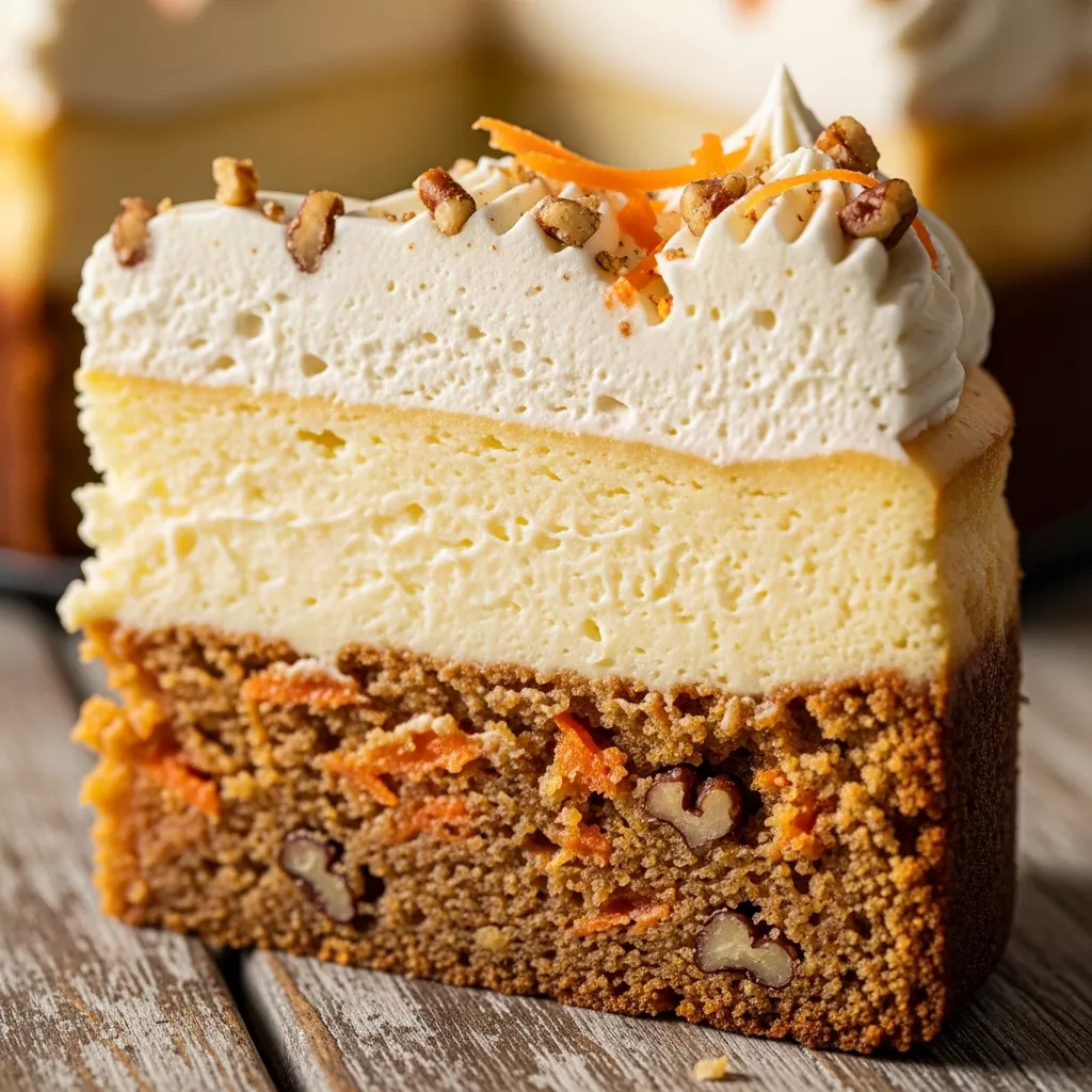 A decadent macro close-up of a slice of carrot cake cheesecake fusion, showing distinct layers of spiced cake, creamy cheesecake, and fluffy cream cheese frosting, garnished with pecans and grated carrot.
