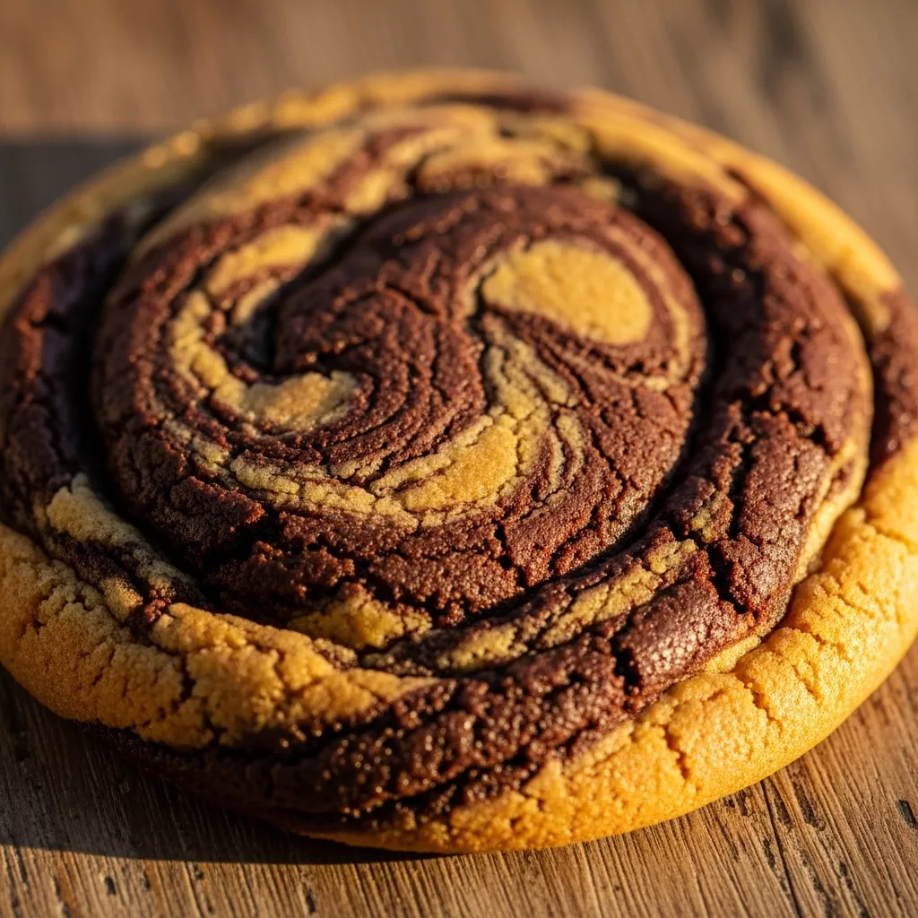 Decadent Chewy Peanut Butter Brownie Swirl Cookie, macro shot showing rich chocolate and creamy peanut butter swirls
