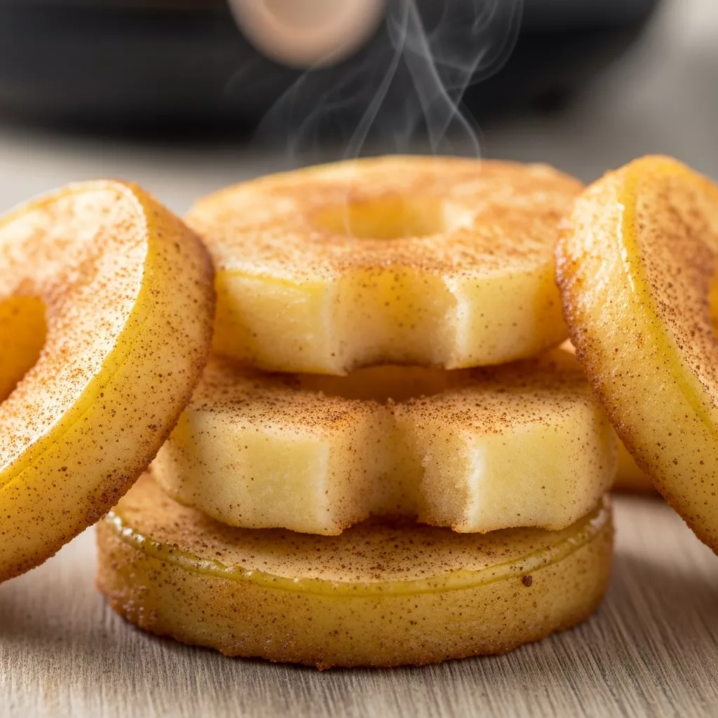 Close-up of golden air fryer cinnamon apple rings on a rustic wooden board, showing crispy coating and tender apple